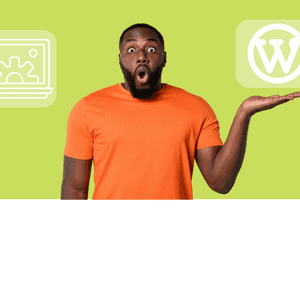 #Formation Wordpress : J'ai créé mon site vitrine. Un homme en chemise orange tient un ordinateur portable et une icône #Formation Wordpress : Je créé mon site vitrine.