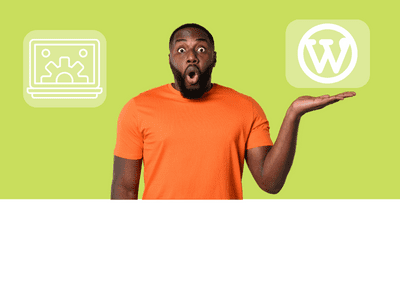 #Formation Wordpress : J'ai créé mon site vitrine. Un homme en chemise orange tient un ordinateur portable et une icône #Formation Wordpress : Je créé mon site vitrine.