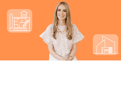 Une femme est assise devant un fond orange avec des icônes d'une maison et Formation Sketchup.