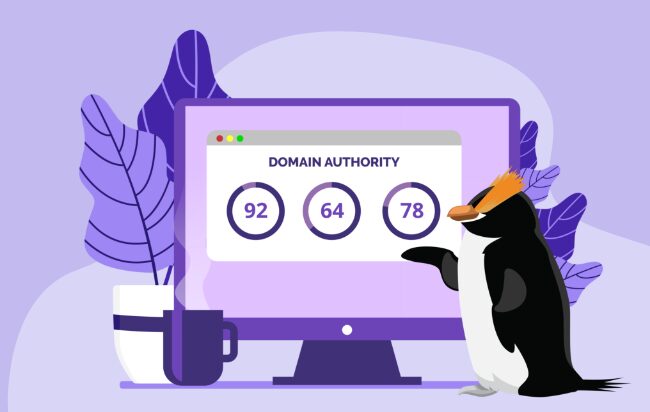 Un pingouin pointe un écran d'ordinateur qui affiche le score d'autorité.