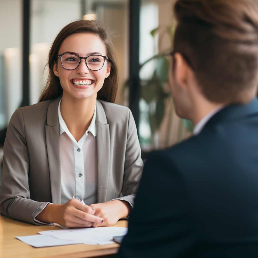 Une femme avec des lunettes fait un entretien avec un homme à un bureau.