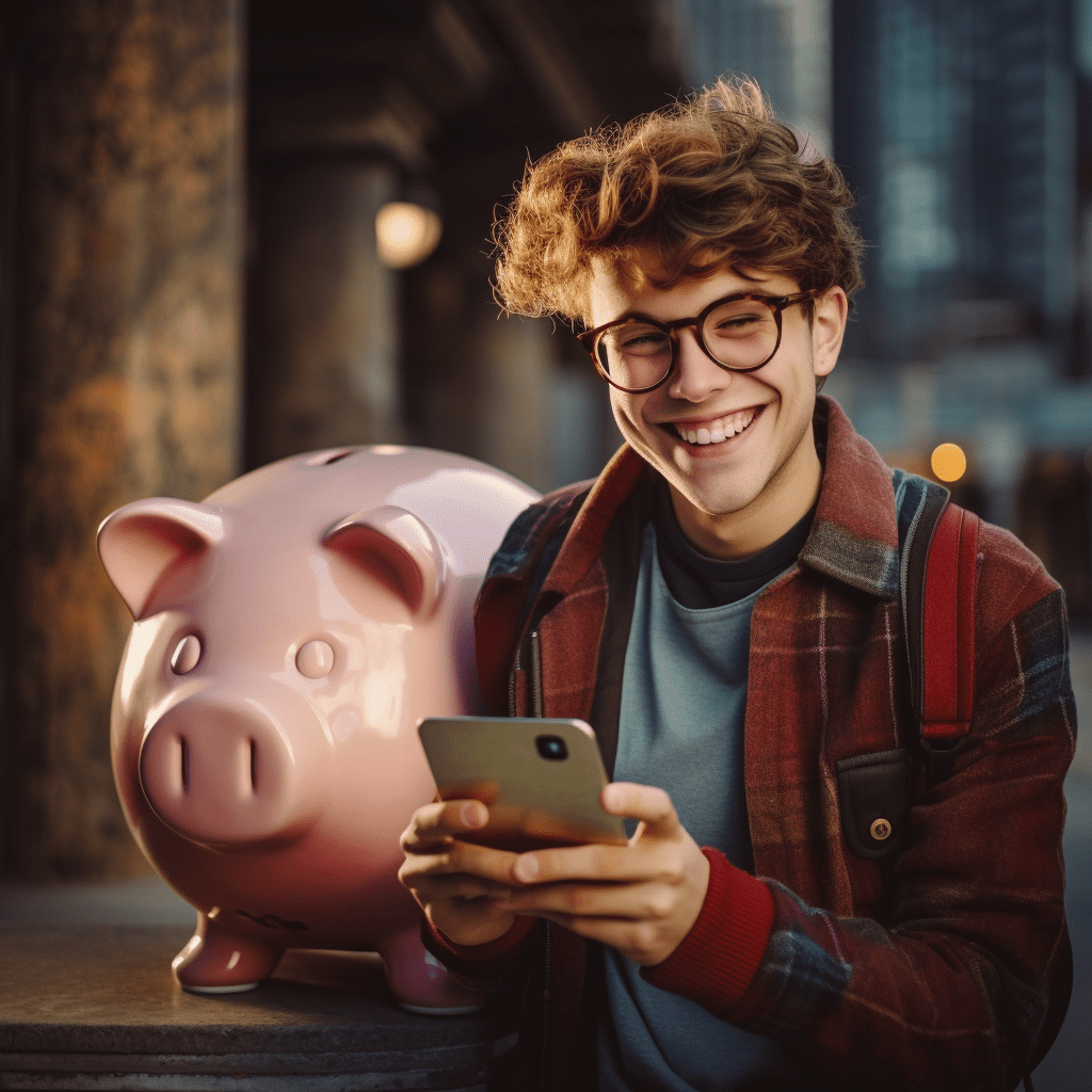 Un jeune homme tenant une tirelire rose et un téléphone intelligent tout en travaillant à distance.