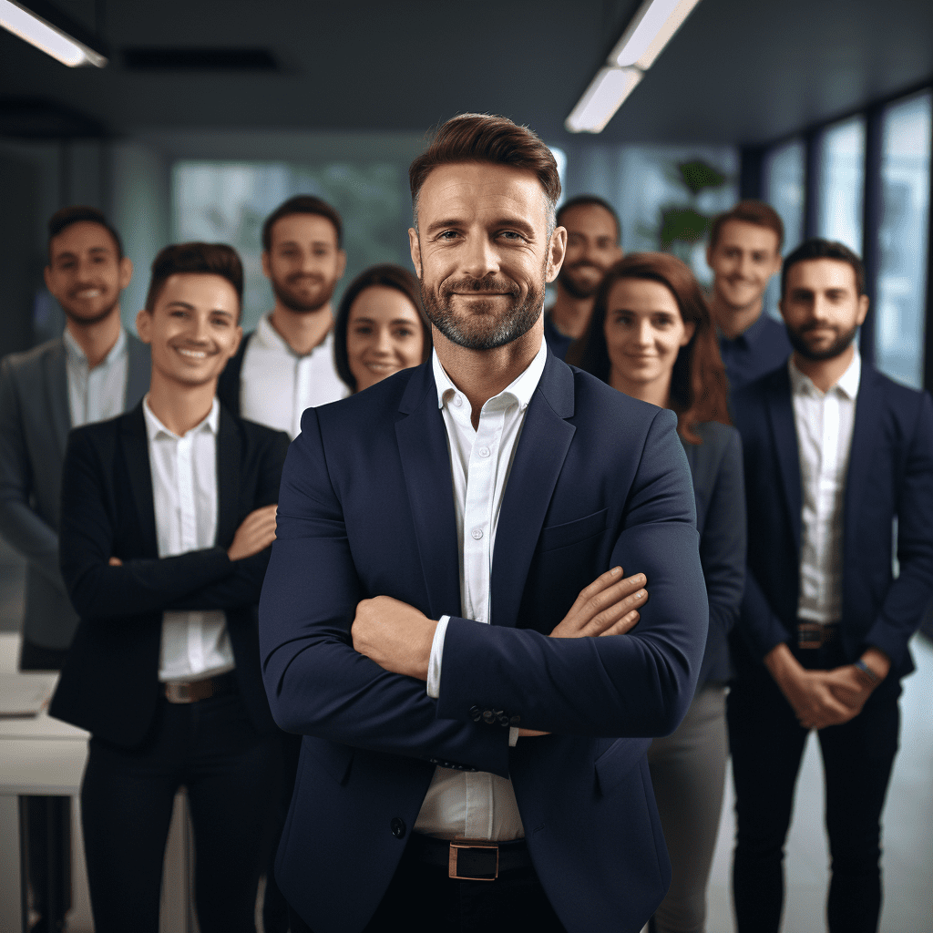 Un groupe d'hommes d'affaires posant pour une photo, démontrant leur enthousiasme et incarnant les dix commandements de la performance sous la direction d'un grand manager.