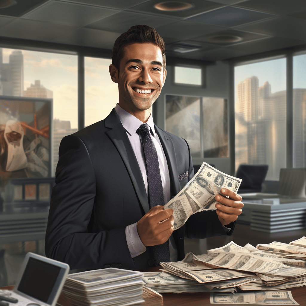 Un employé en costume tenant une pile d’argent.