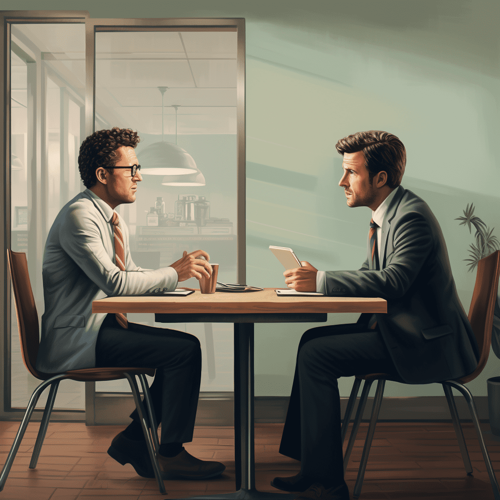 Deux hommes assis à une table lors d’un entretien d’embauche.