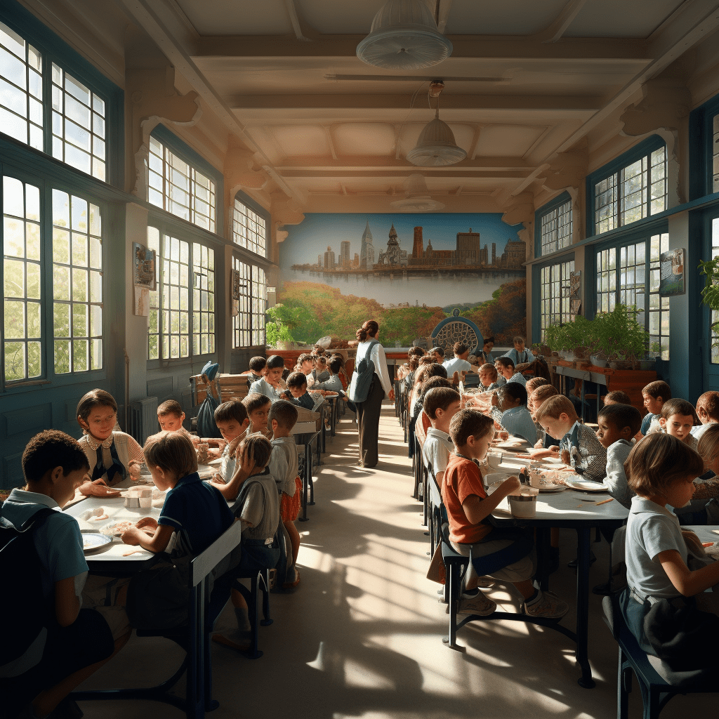 Un groupe d’enfants sont assis à des tables dans une salle de classe et profitent d’un repas scolaire économique fourni par le programme de restauration scolaire.