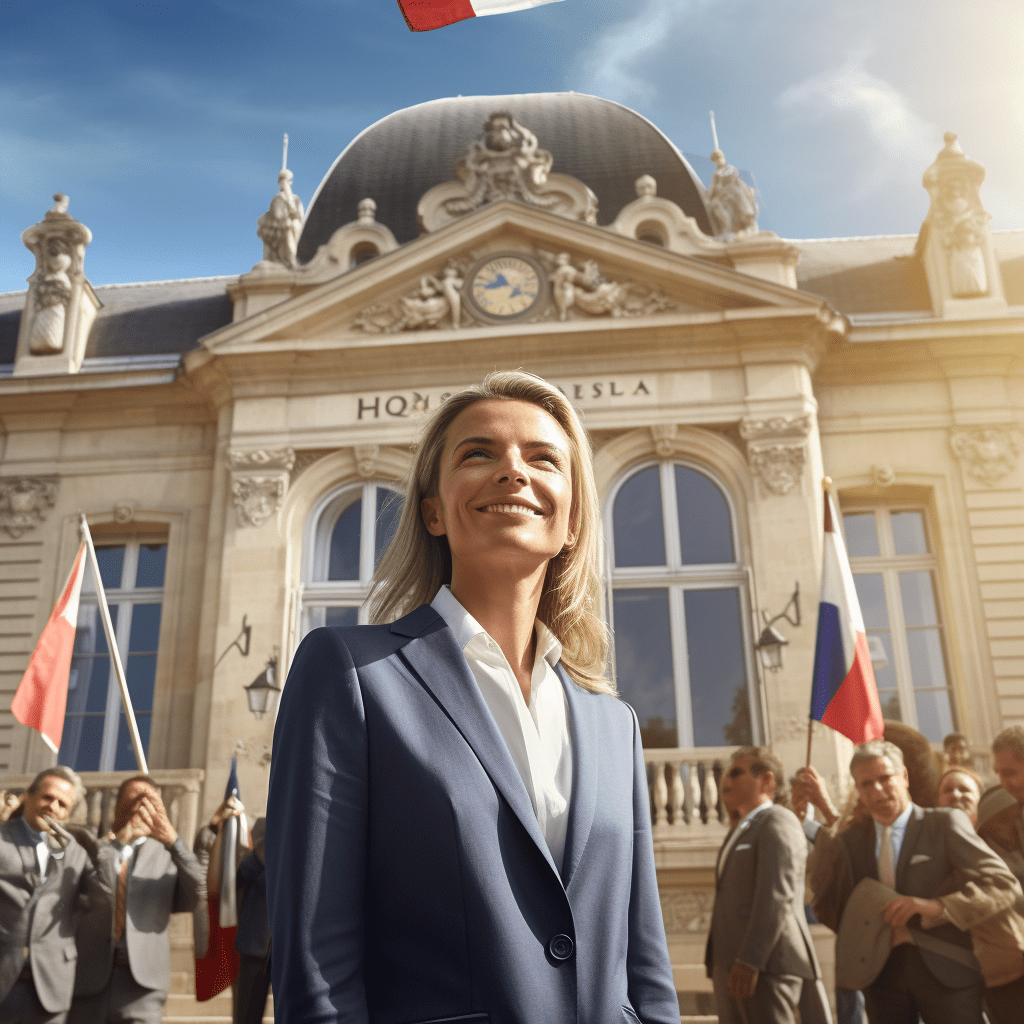 Une femme en costume debout devant un immeuble arborant un drapeau français, illustrant l'attractivité et la sécurité des lieux.