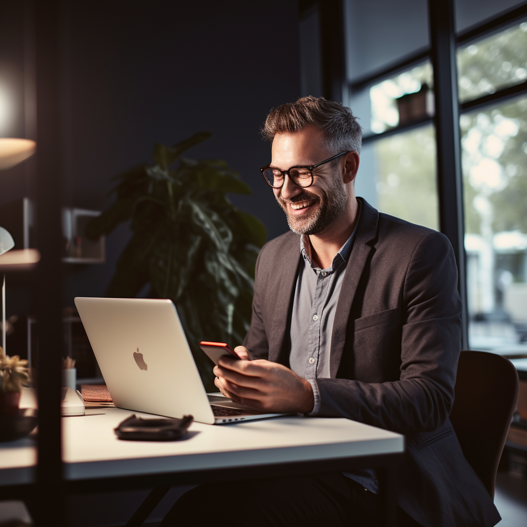 Un consultant assis à un bureau avec un ordinateur portable.