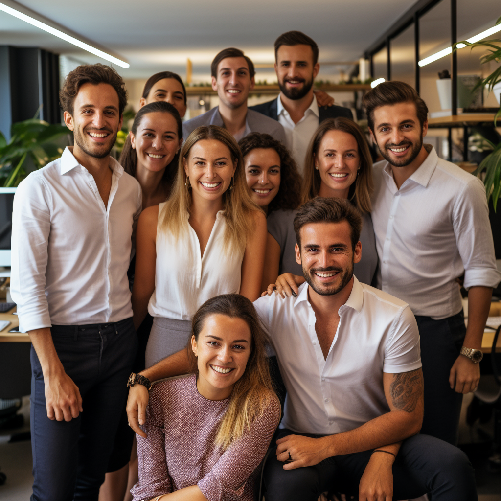 Un groupe d'employés posant pour une photo dans un bureau, mettant en valeur leur engagement et leur fidélité.