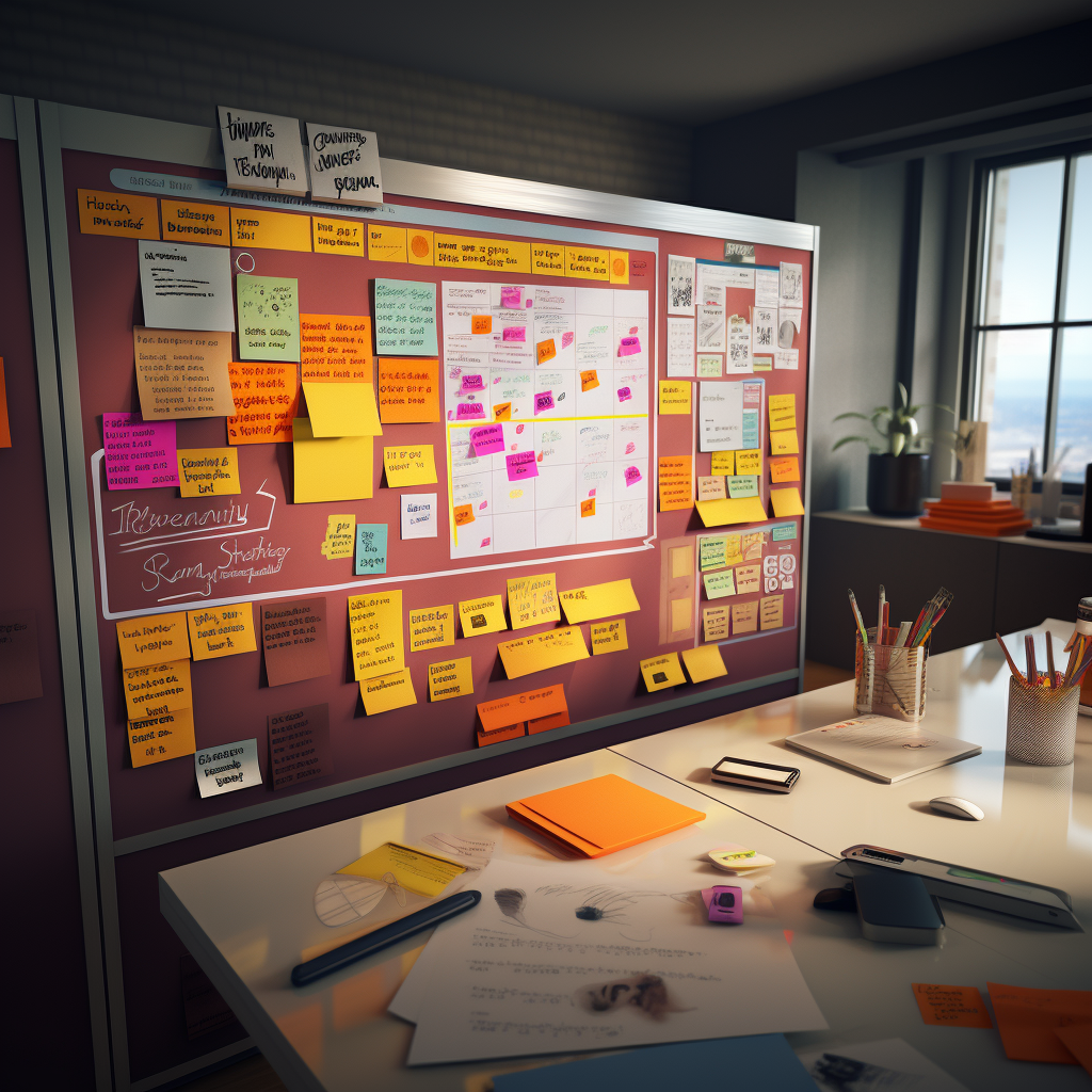 Un bureau avec des post-it collés.