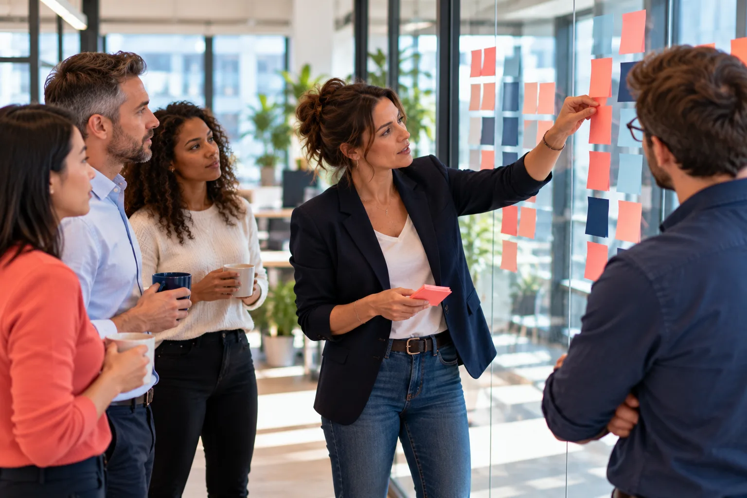 Formation agile : une équipe fait son point quotidien debout devant son tableau de tâches