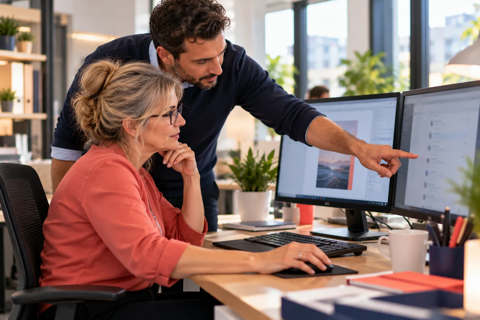 Formation bureautique : un formateur accompagne une salariée sur son poste de travail à double écran