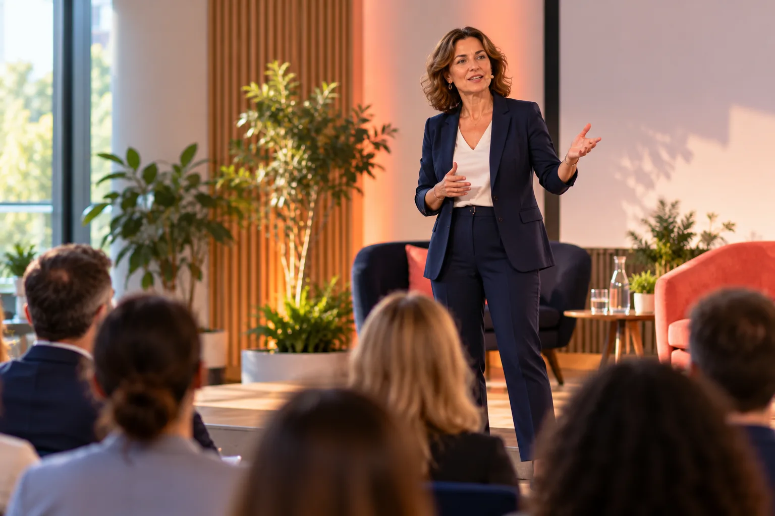 Formation éloquence : une dirigeante prononce un discours convaincant devant un auditoire