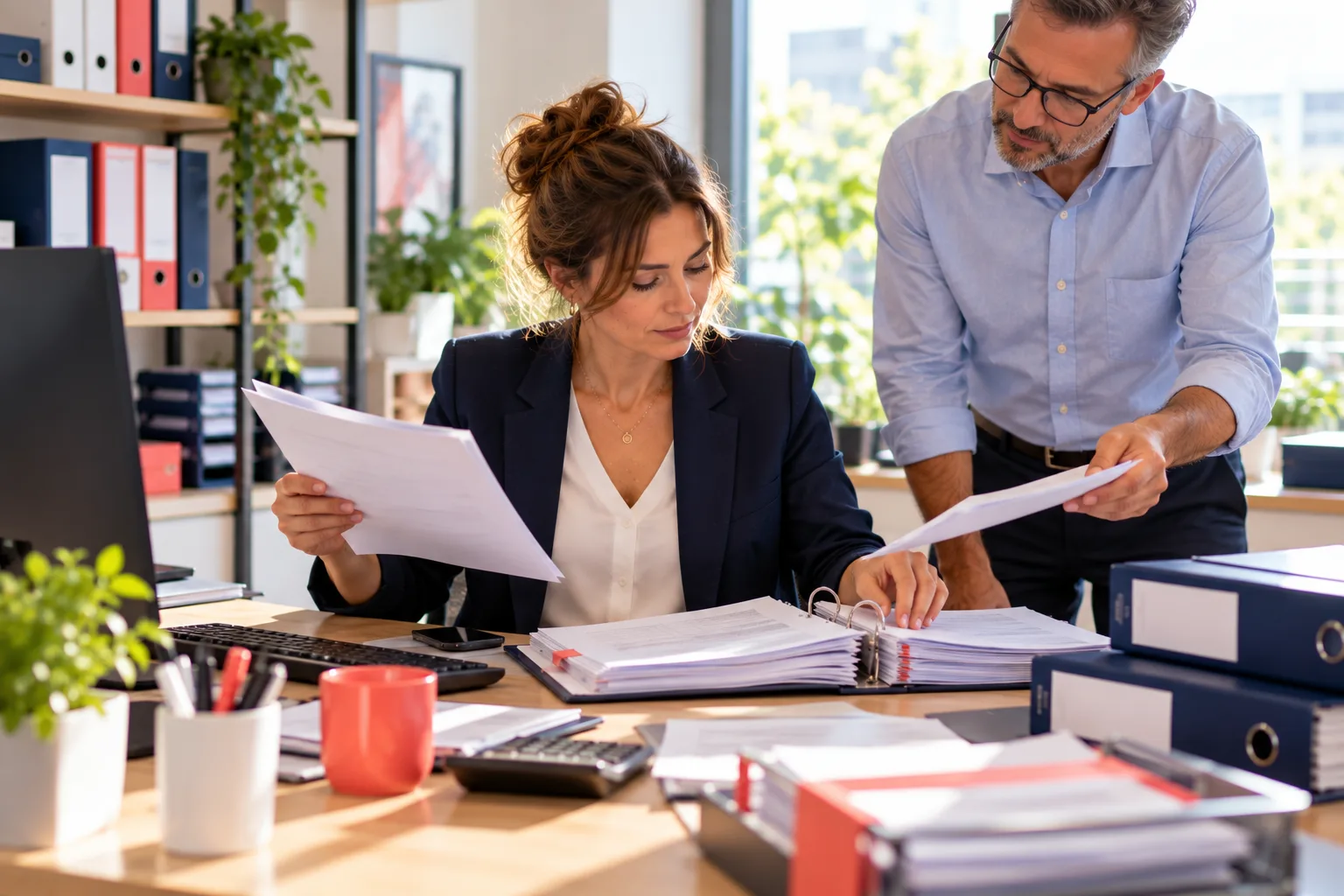 Formation comptabilité générale : une comptable rapproche factures et relevé bancaire dans une PME