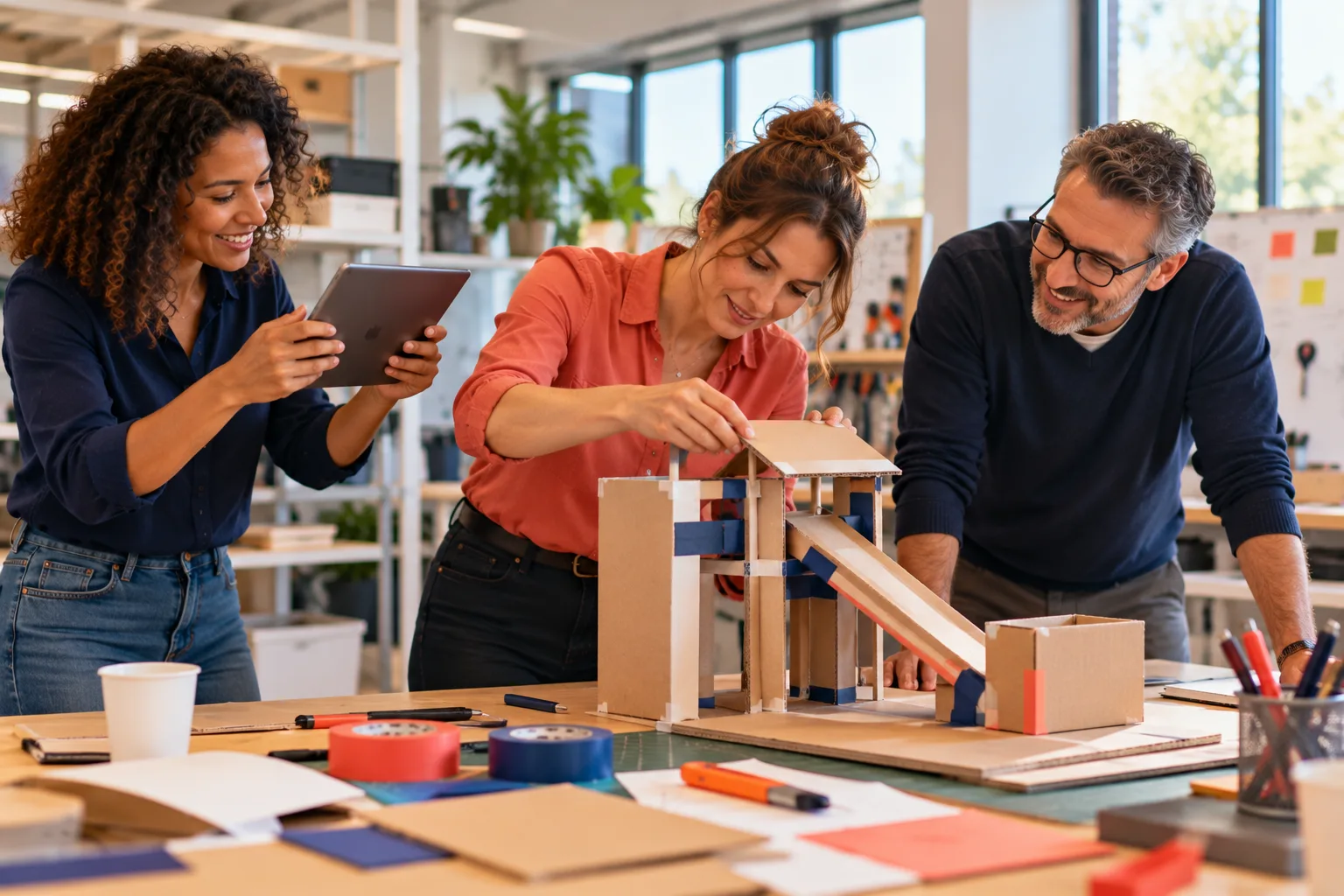 Formation créativité : une équipe construit un prototype en carton lors d’un atelier de Design Thinking