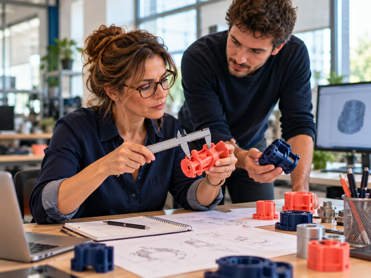 Ingénieure comparant deux prototypes, mise en pratique d’une formation créativité et innovation