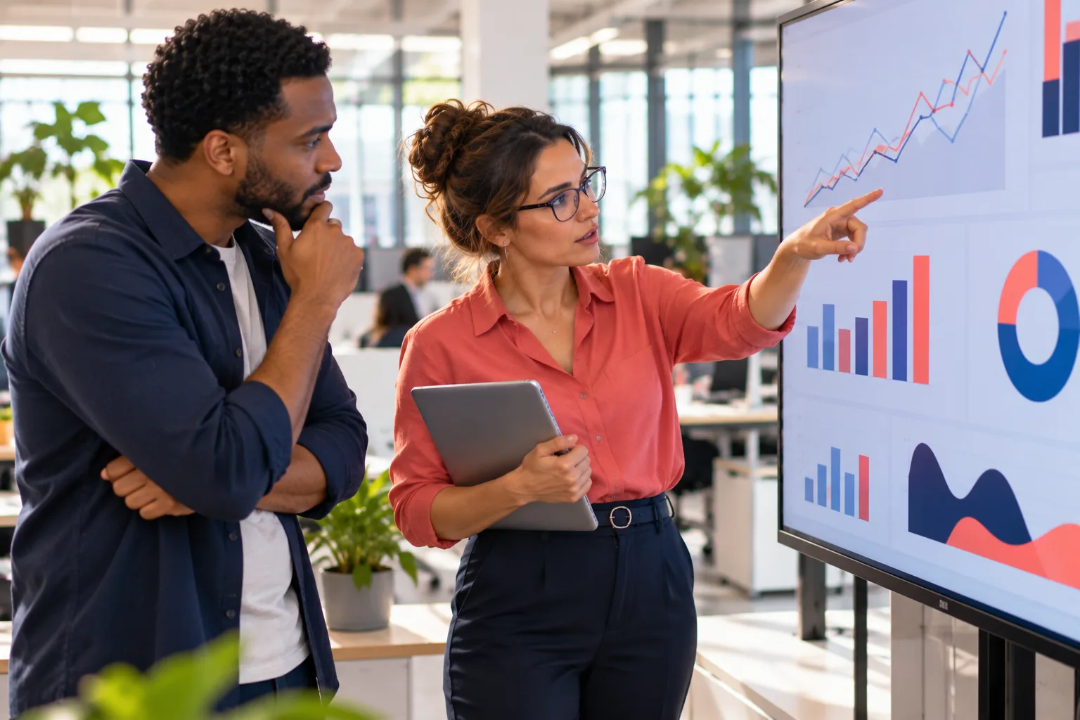 Formation data : une analyste commente des graphiques de données sur grand écran avec un collègue