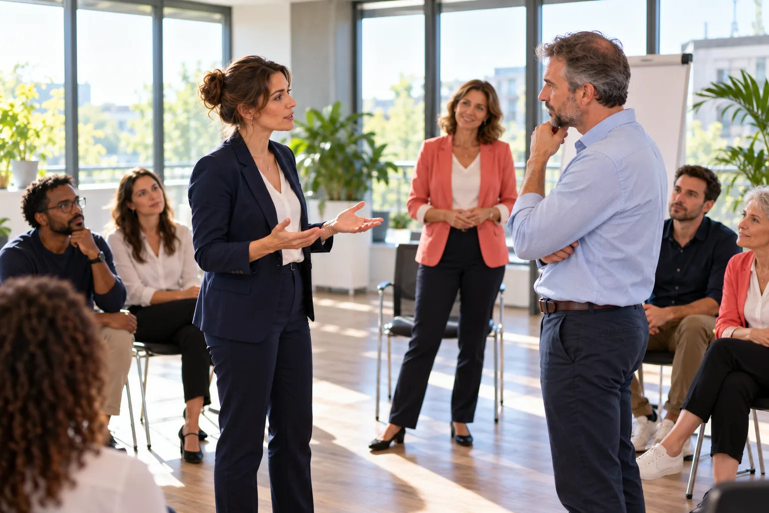 Formation développement personnel : une participante s’entraîne à s’affirmer lors d’une mise en situation