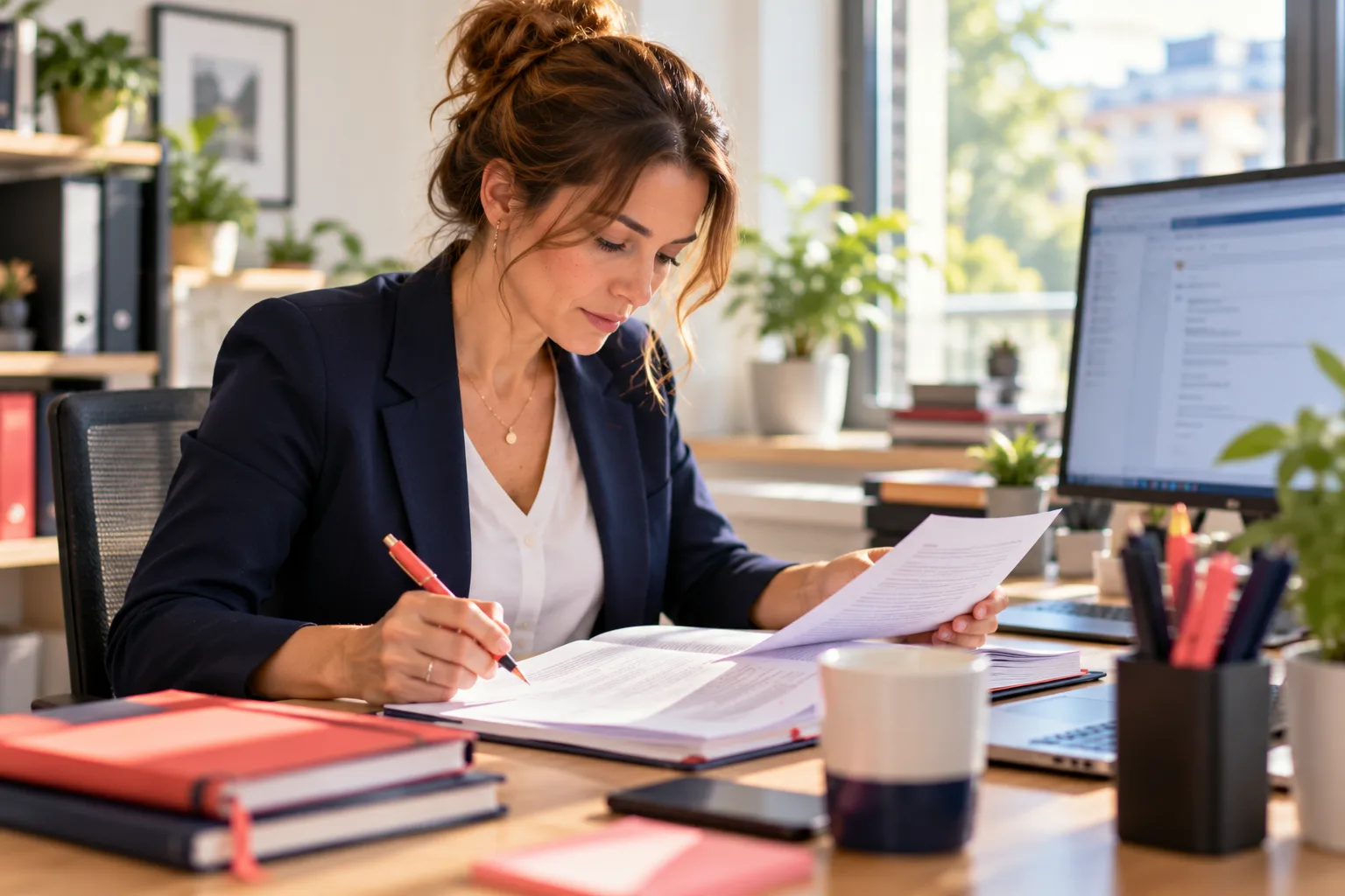 Formation écrits professionnels : une salariée relit et annote un document avant de finaliser un e-mail