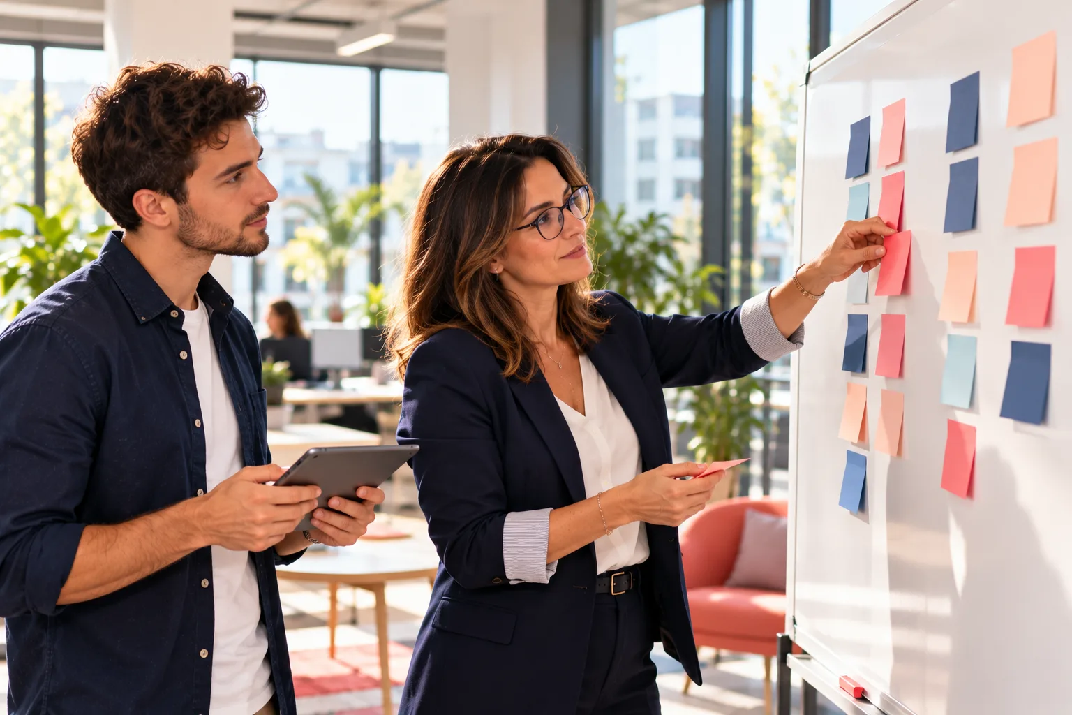 Formation soft skills : une salariée organise ses priorités sur un tableau avec un collègue