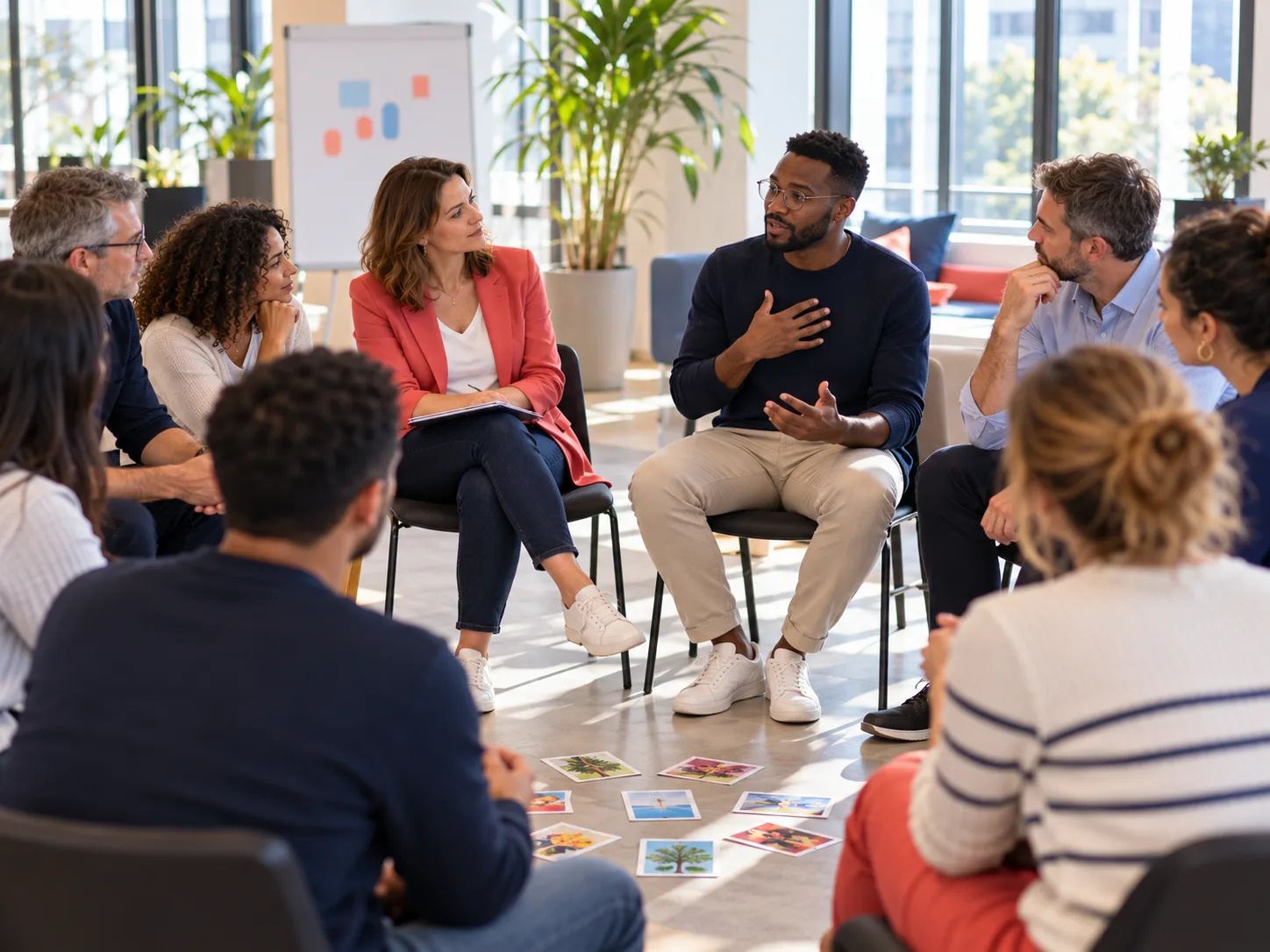 Participants en cercle partageant leur ressenti pendant une formation gestion des émotions