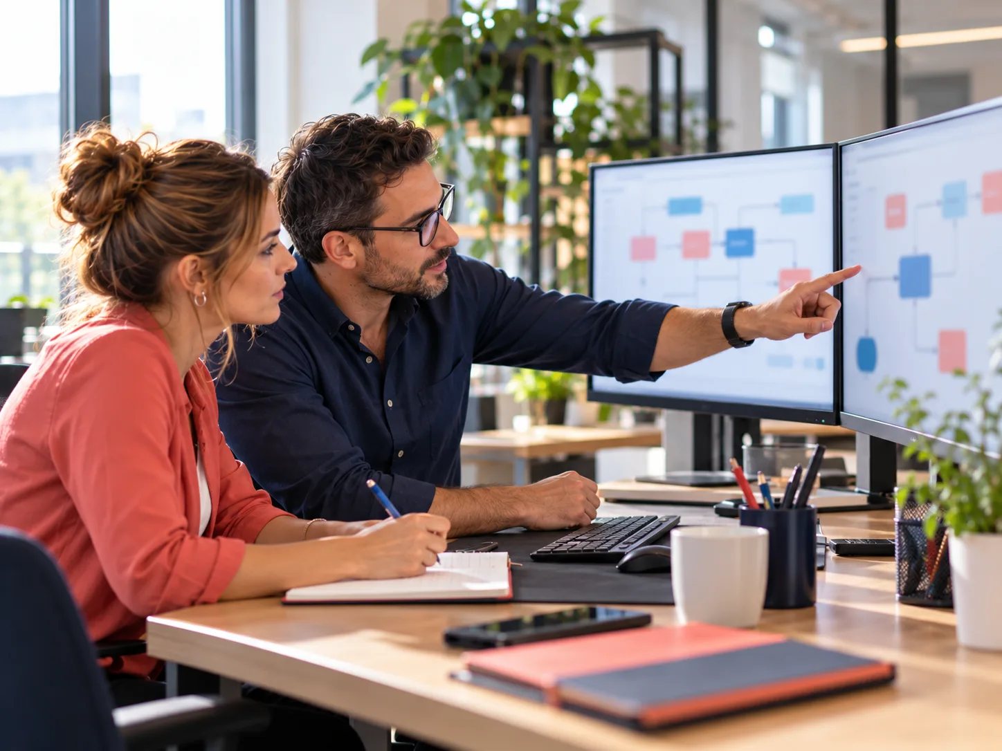 Un manager vérifie un scénario d'automatisation avec une collaboratrice pendant une formation IA pour managers