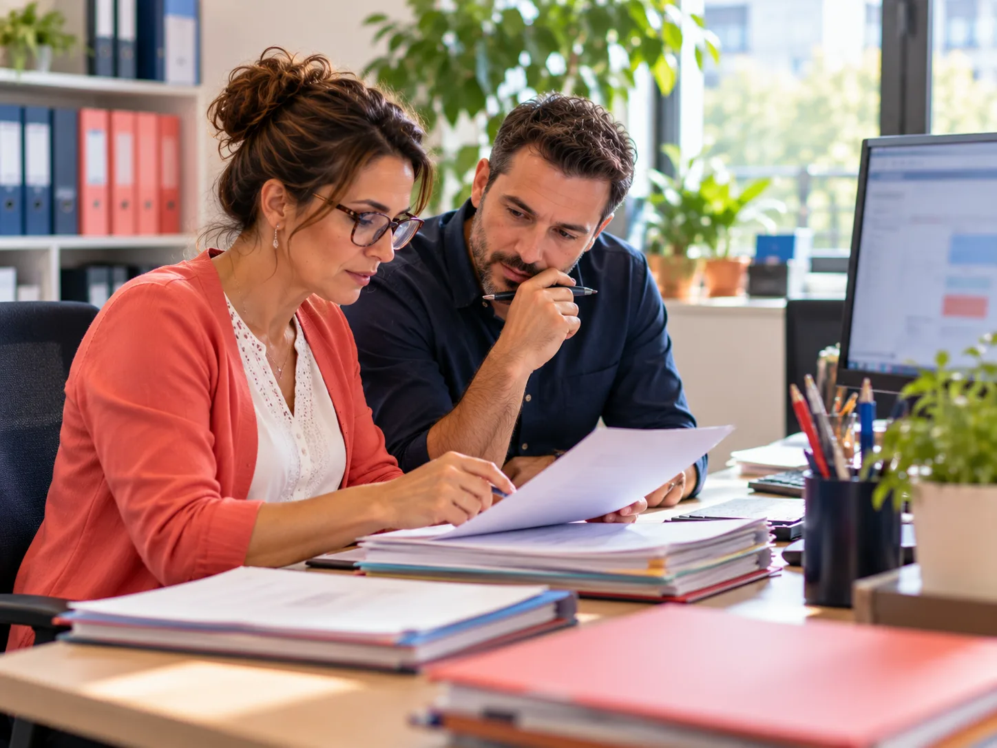 Deux agents d'une collectivité vérifient un dossier avec l'aide d'un outil d'IA, cas pratique d'une formation IA secteur public