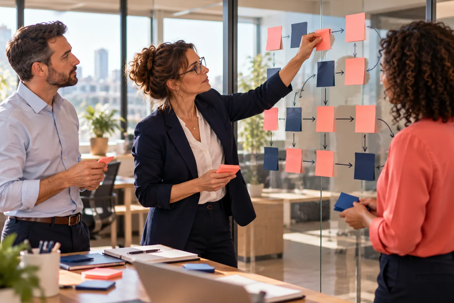 Formation procédures comptables : une équipe comptable cartographie ses processus sur un mur vitré