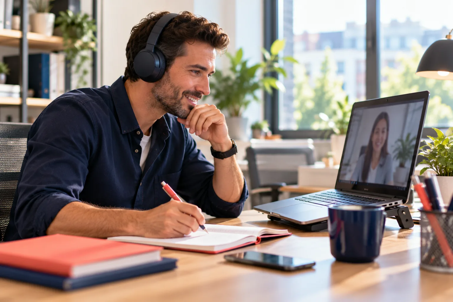 Formation anglais professionnel : un salarié échange en anglais en visioconférence avec une interlocutrice étrangère