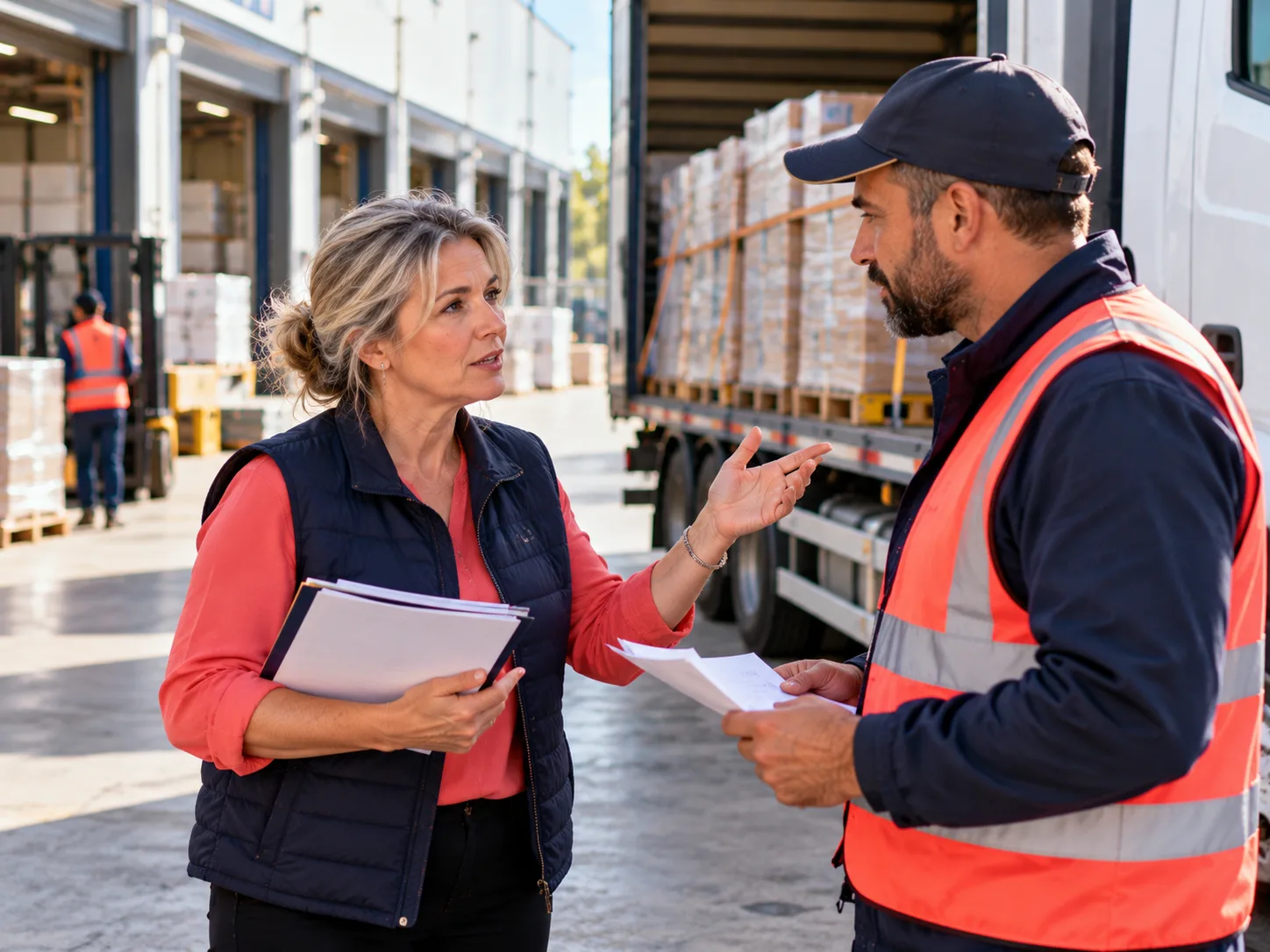 Responsable logistique échangeant avec un chauffeur étranger, une situation travaillée en formation anglais professionnel et en langues