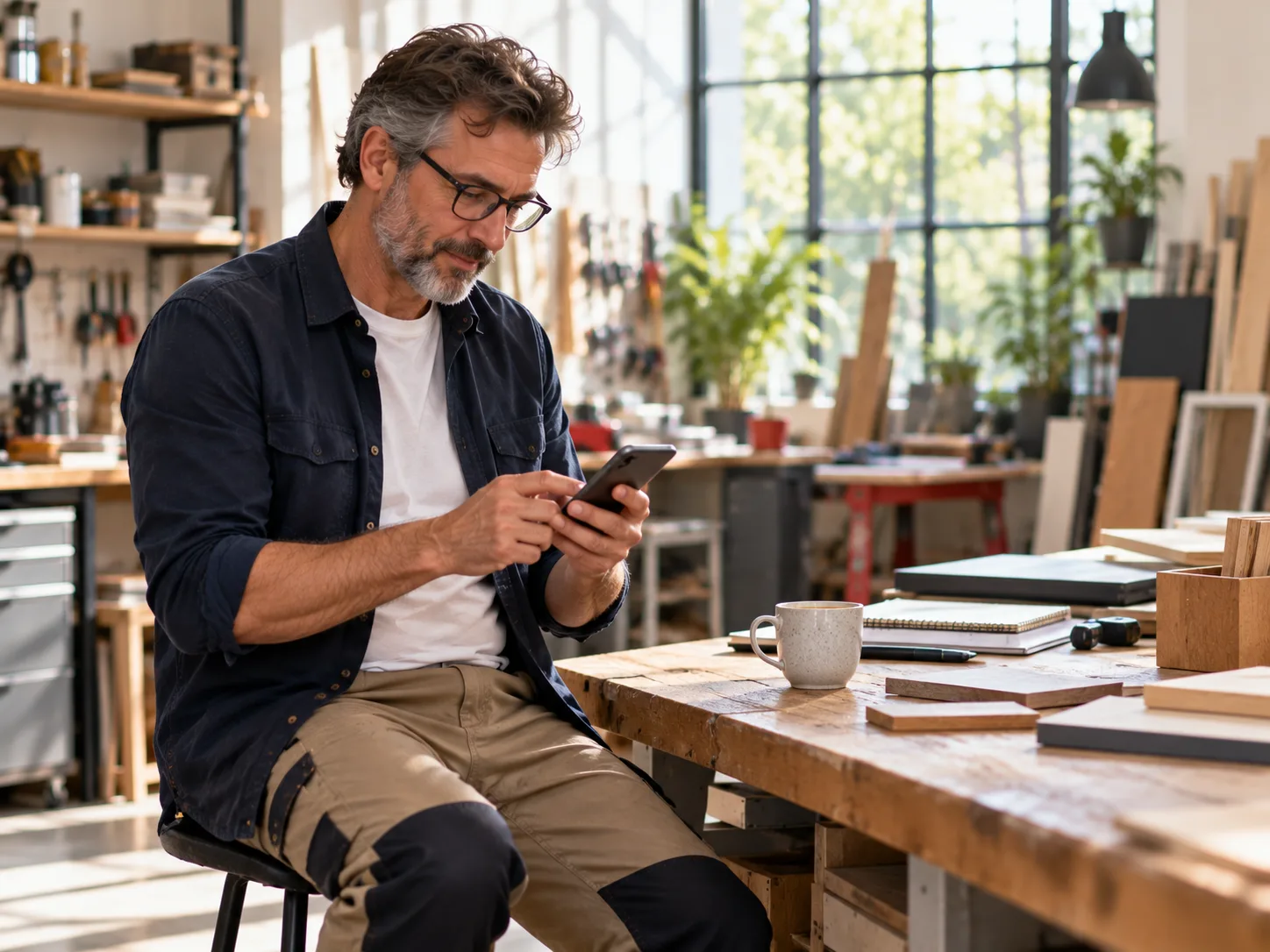 Dirigeant de TPE préparant un message à un contact dans son atelier, mise en pratique d’une formation LinkedIn