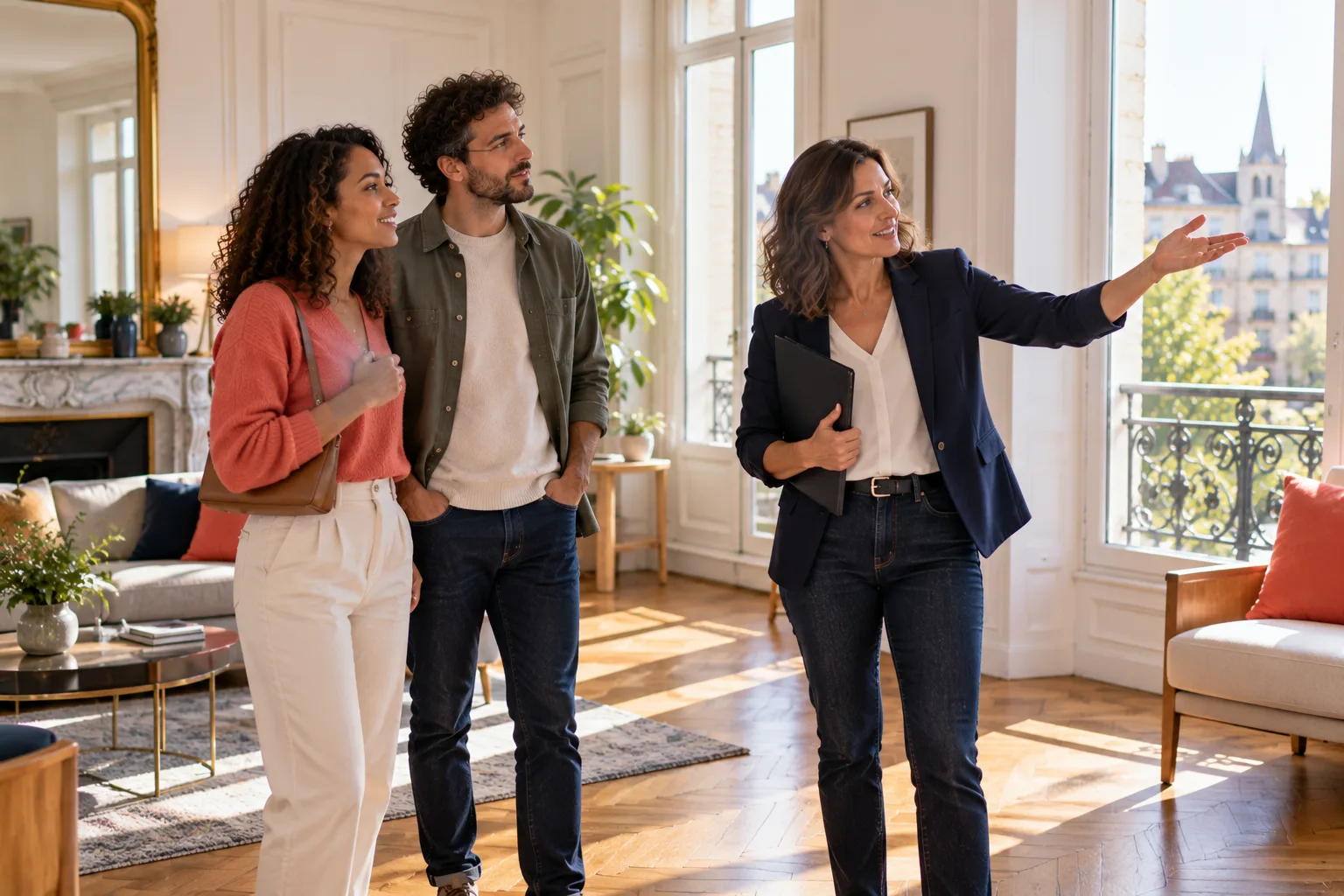 Formation agent immobilier : une agente immobilière fait visiter un appartement à un couple