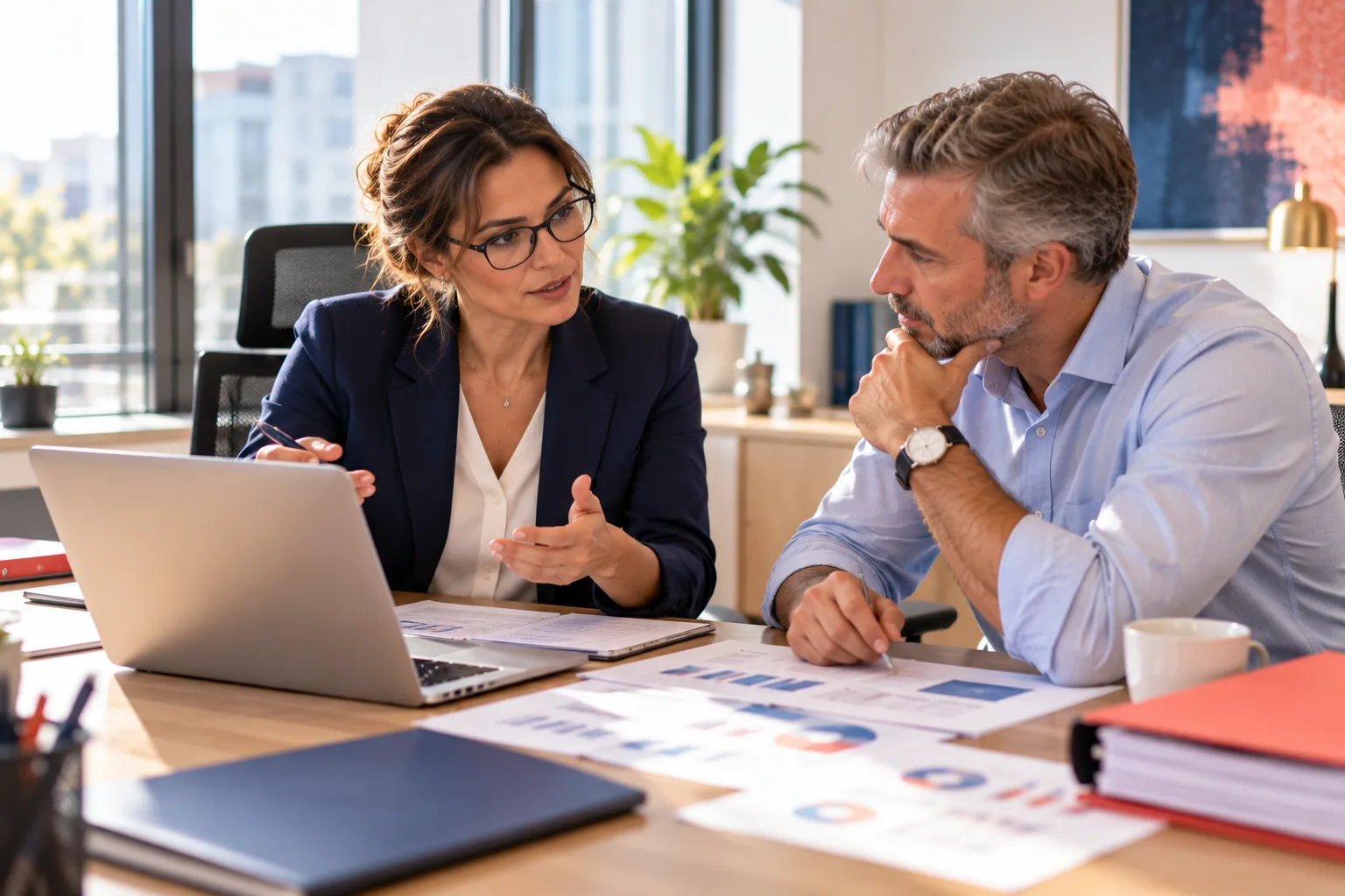 Formation DAF : une directrice administrative et financière analyse des documents financiers avec un collègue