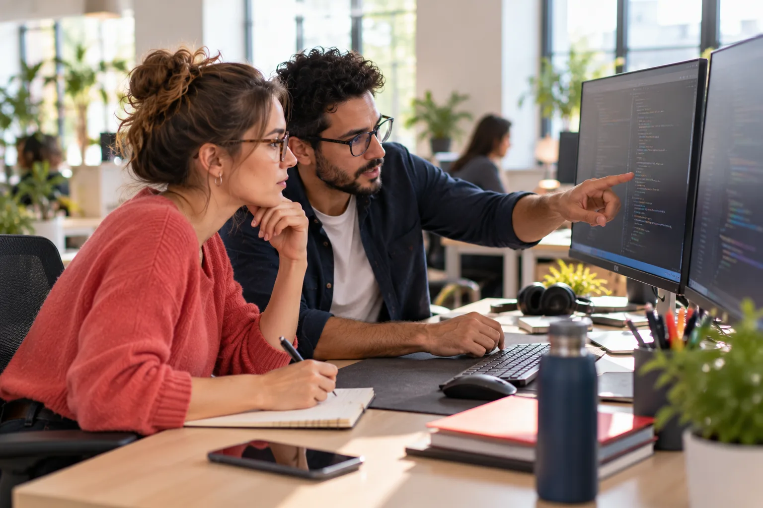 Formation développeur : deux développeurs relisent ensemble du code sur un double écran