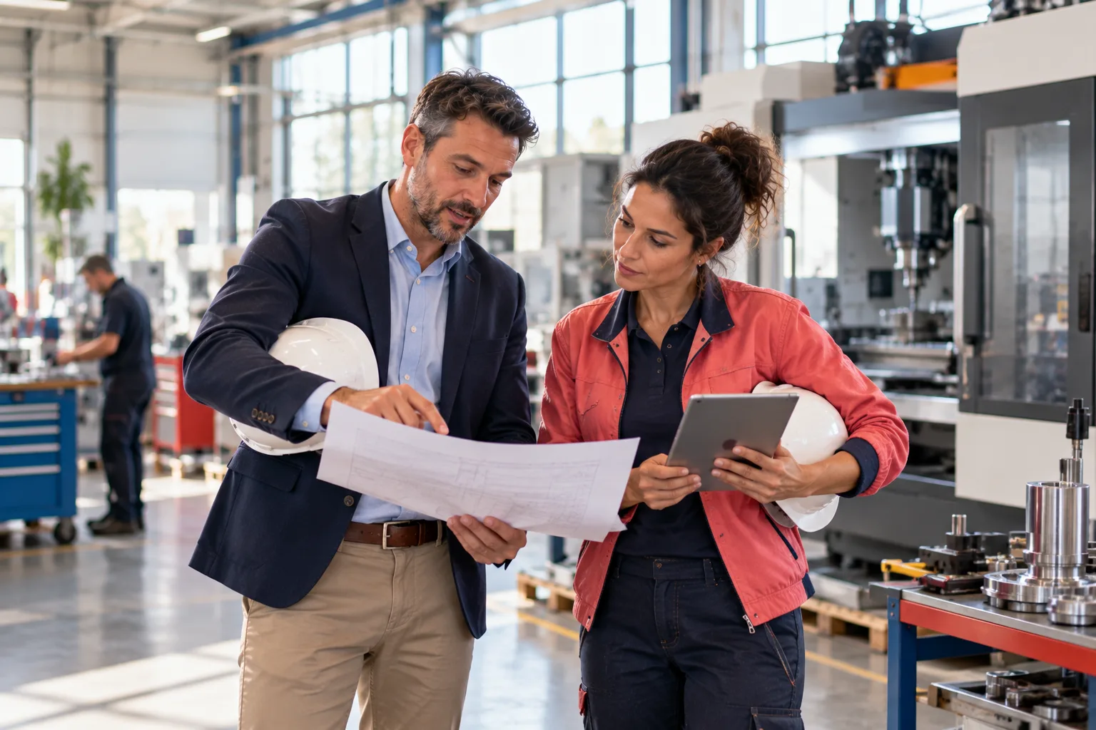 Formation ingénieur d'affaires : un ingénieur d’affaires échange avec une cliente dans un atelier industriel