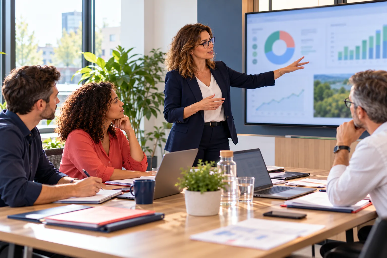 Formation responsable RSE : une responsable RSE présente un tableau de suivi à ses collègues