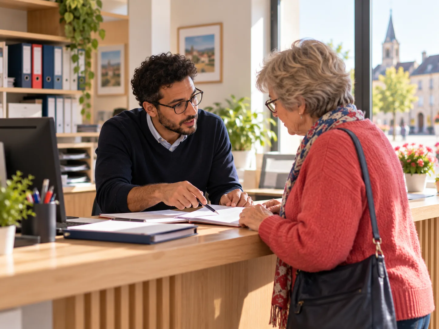 Un secrétaire de mairie accueille une habitante au guichet, compétence travaillée en formation secrétaire de mairie