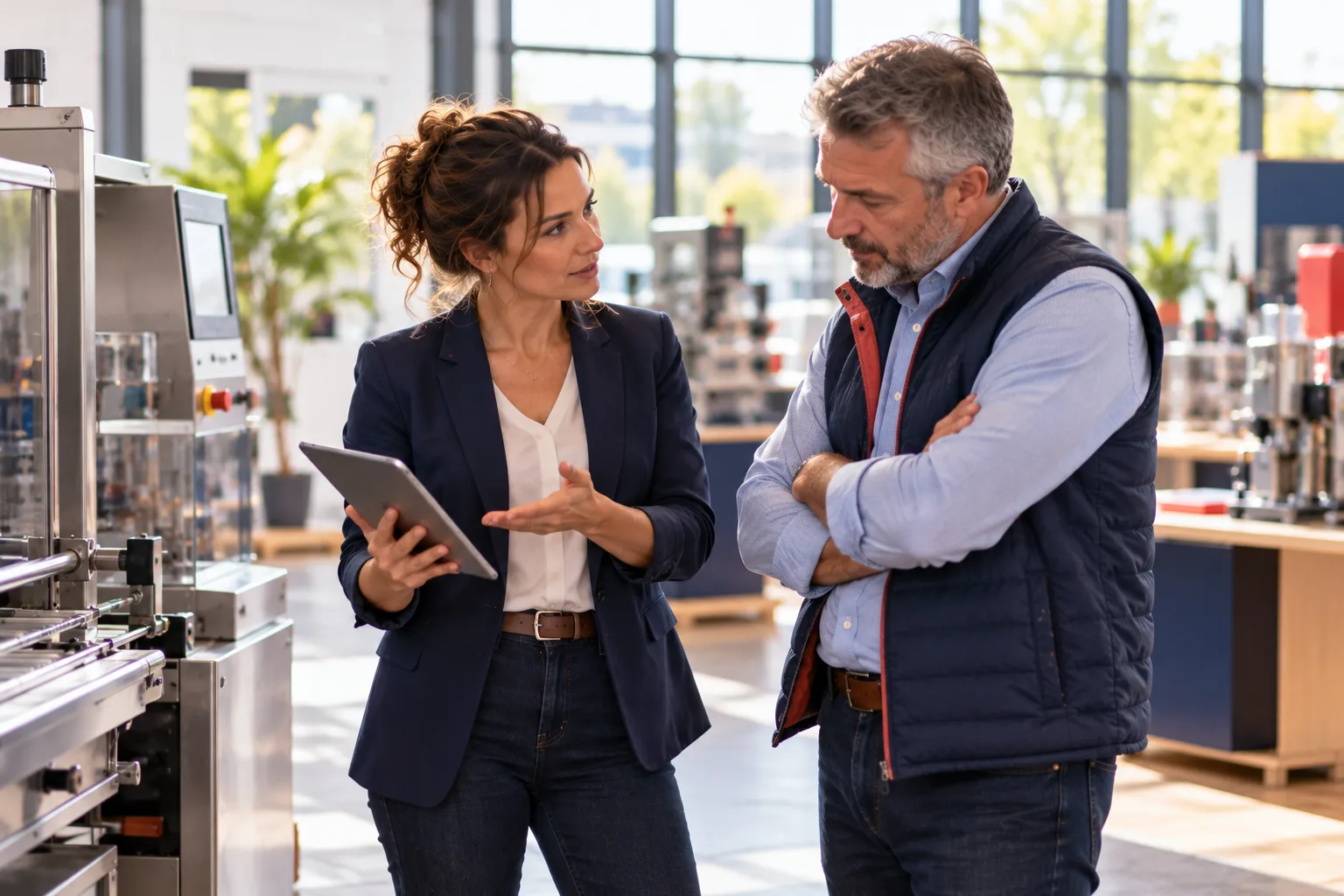 Formation négociation commerciale : une commerciale défend sa proposition face à un acheteur sceptique