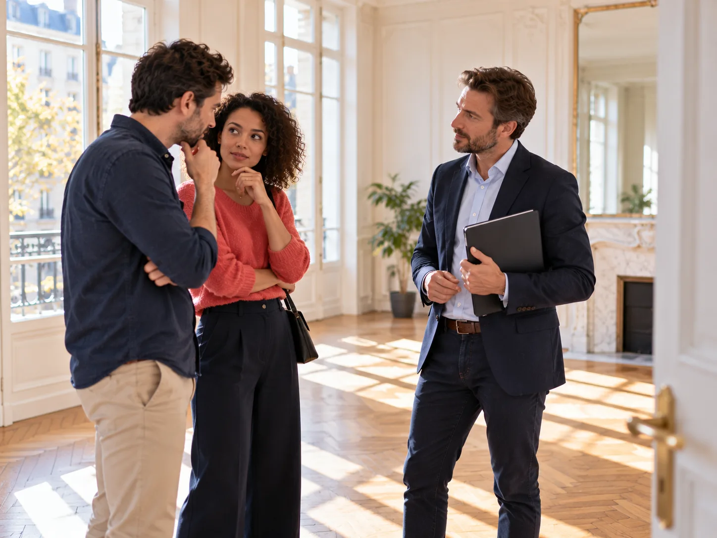 Négociateur immobilier échangeant avec des acquéreurs lors d’une visite, mise en pratique d’une formation négociation commerciale