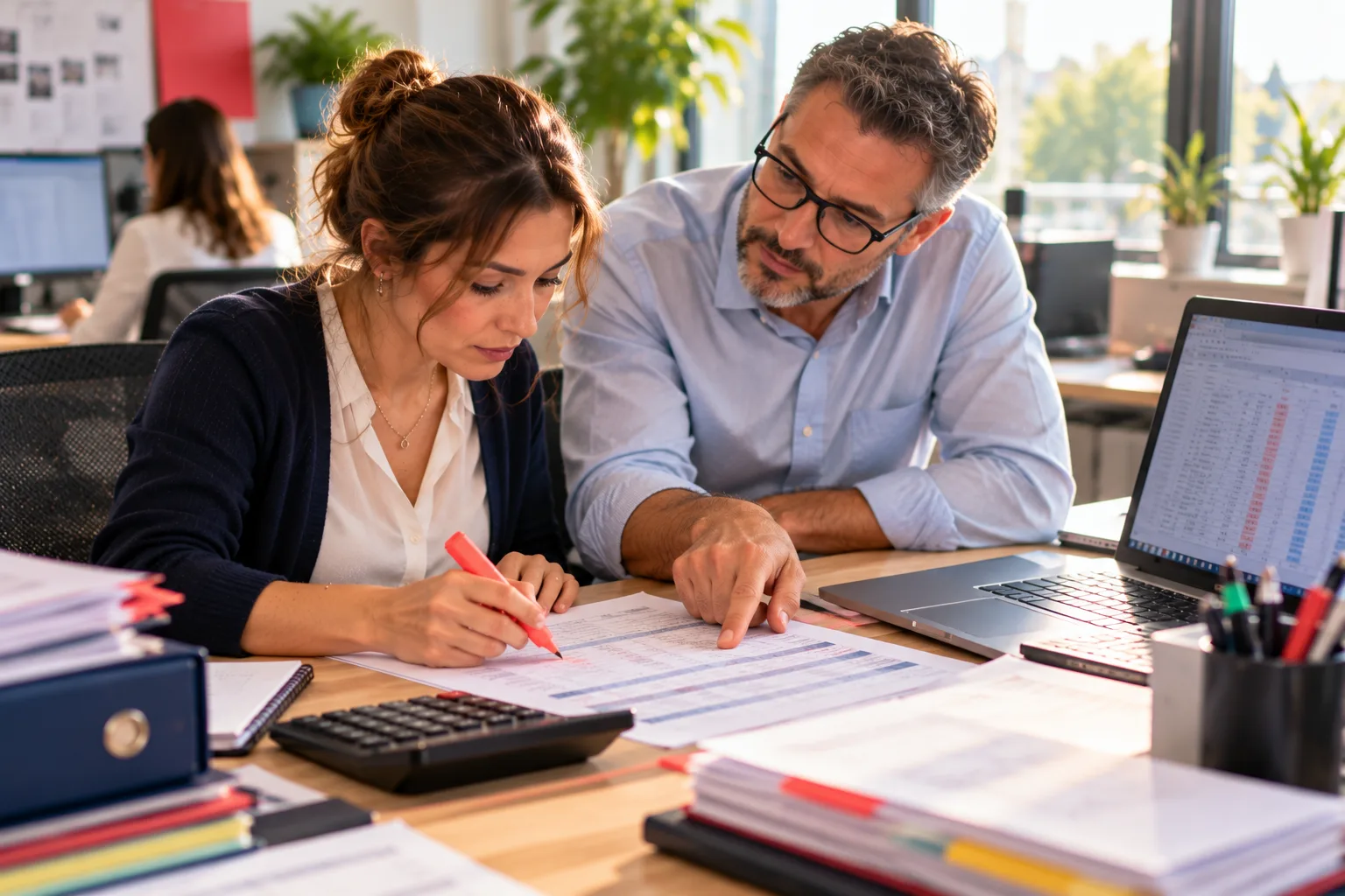 Formation paie débutant : une nouvelle gestionnaire de paie apprend à lire un bulletin de salaire avec un collègue