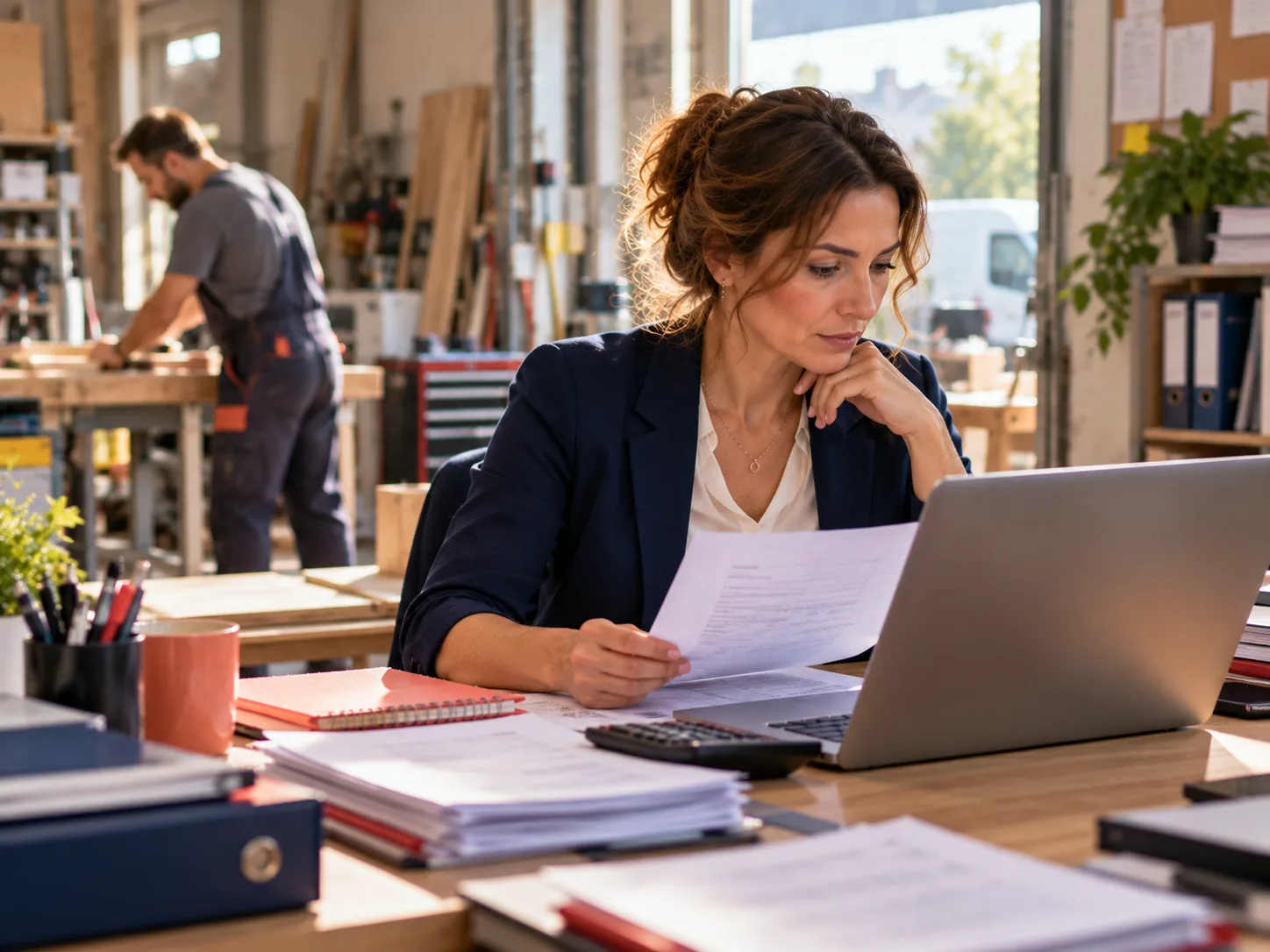 Dirigeante de petite entreprise préparant ses premières paies après une formation paie débutant