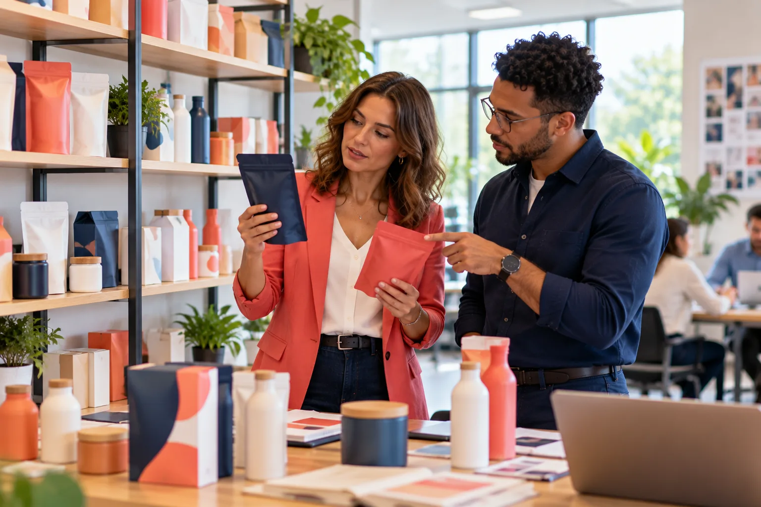 Formation chef de produit marketing : une cheffe de produit compare deux prototypes d'emballage avec la R&D