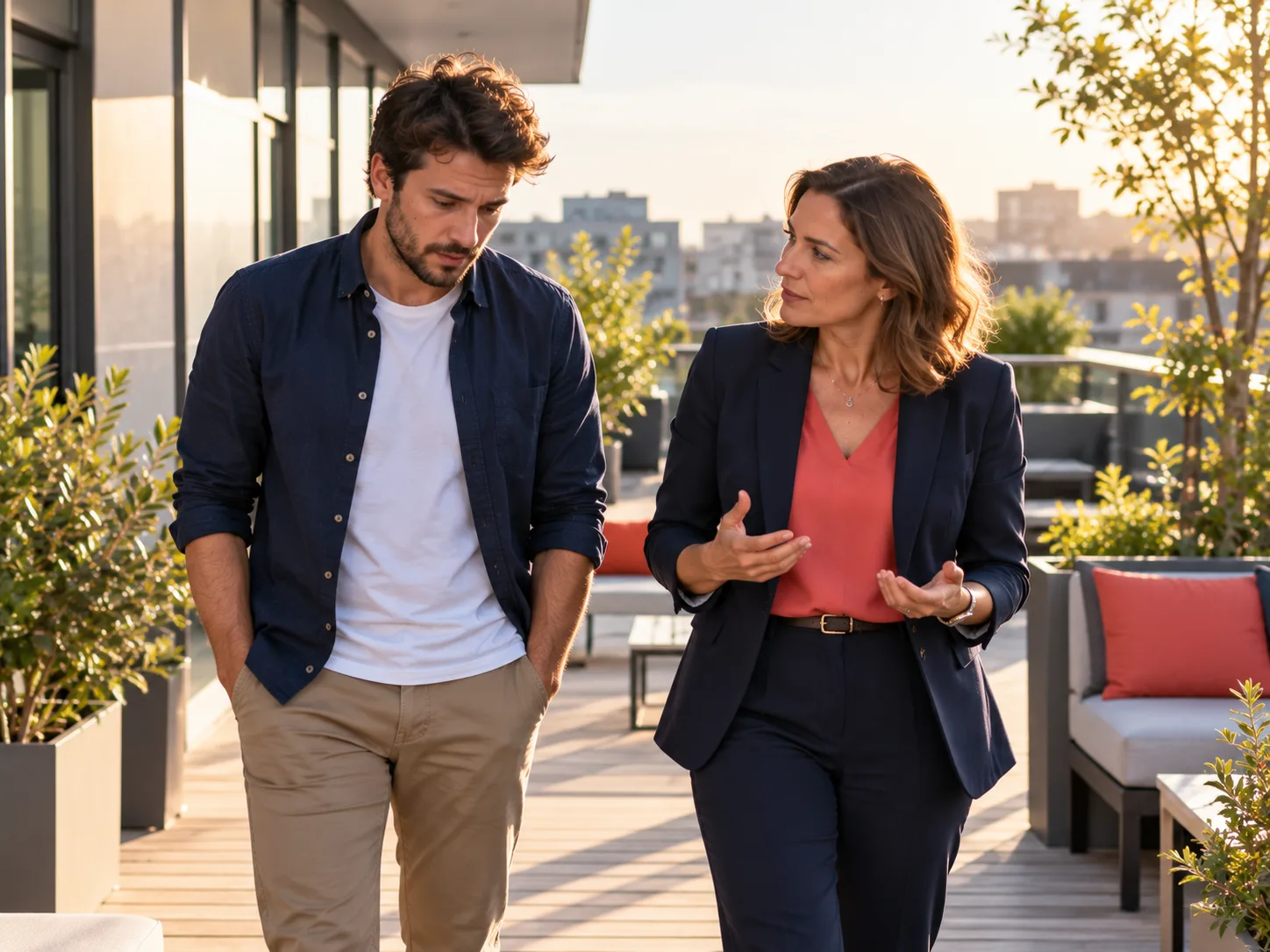 Une manager remotive un collaborateur lors d’un échange en marchant, mise en pratique d’une formation Process Com niveau 2
