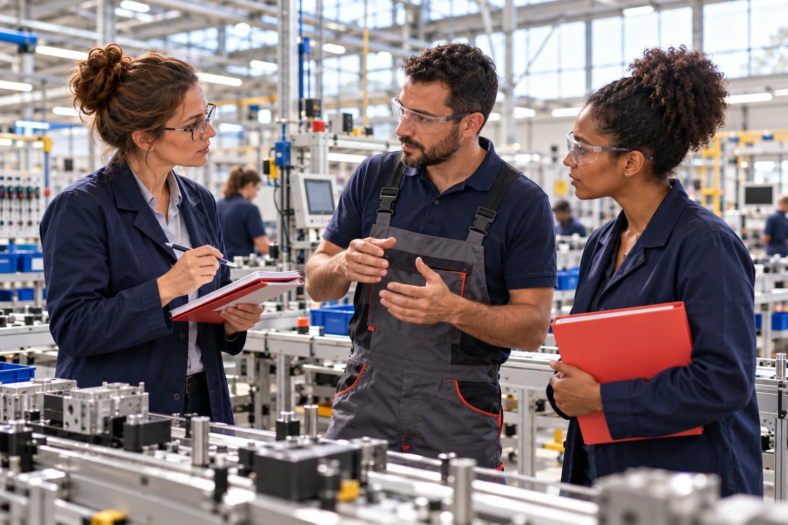 Formation ISO 9001 : une auditrice interne qualité interroge un opérateur et une pilote de processus sur une ligne de production