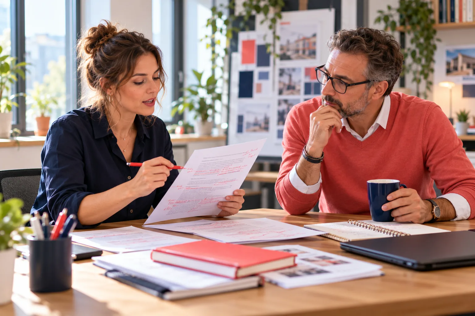 Formation copywriting : une rédactrice relit et corrige un texte de vente avec un collègue