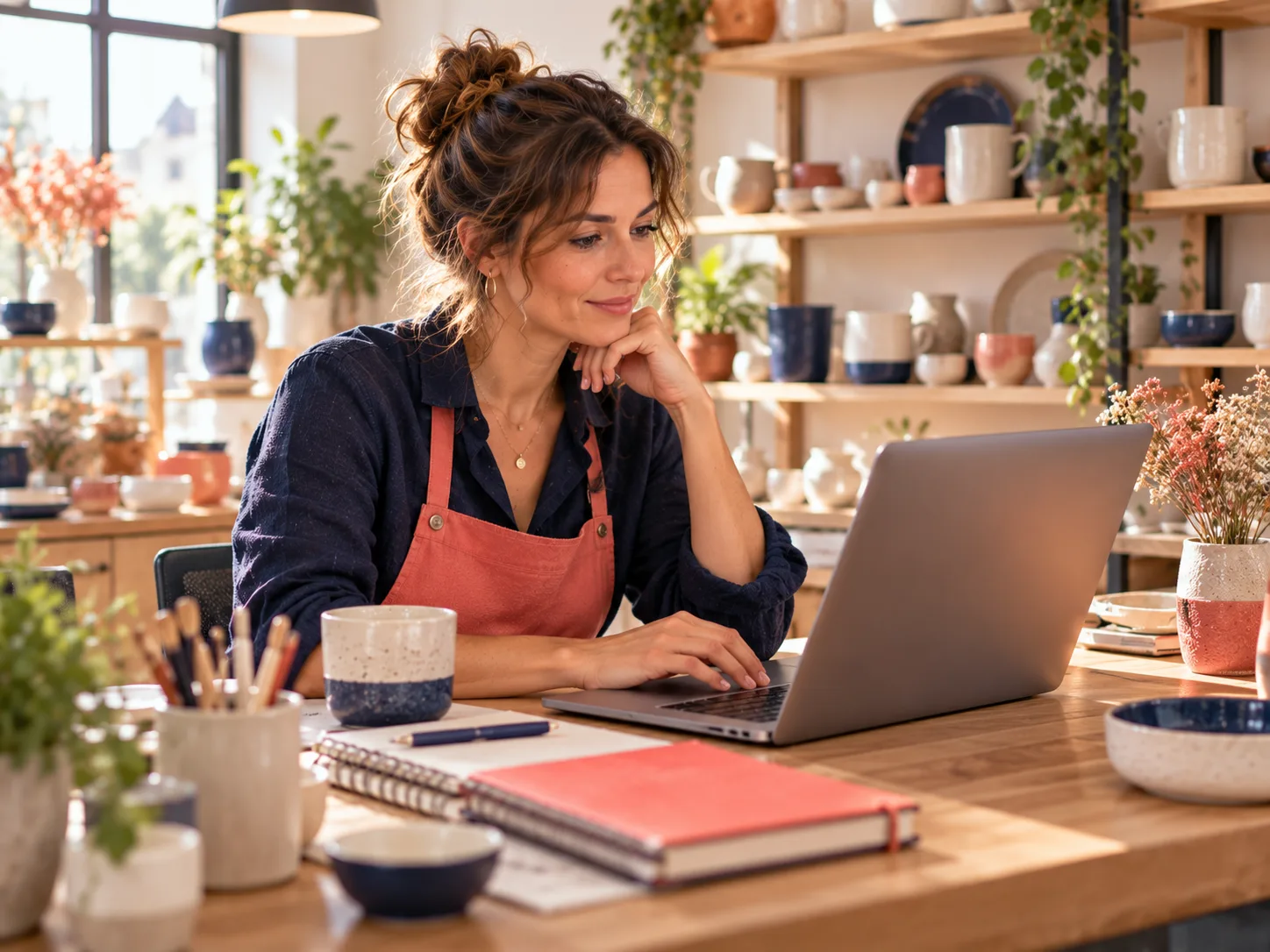 Une entrepreneure rédige la page de vente de ses créations après une formation copywriting