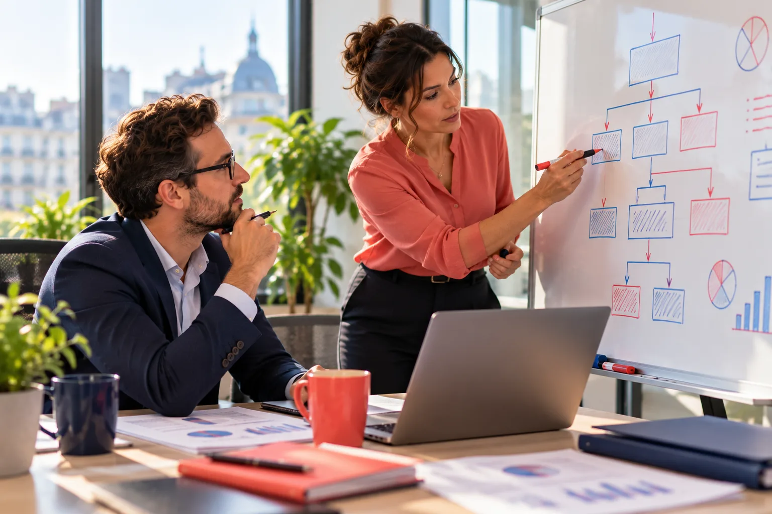 Formation consolidation des comptes : deux consolideurs schématisent le périmètre d'un groupe au tableau blanc