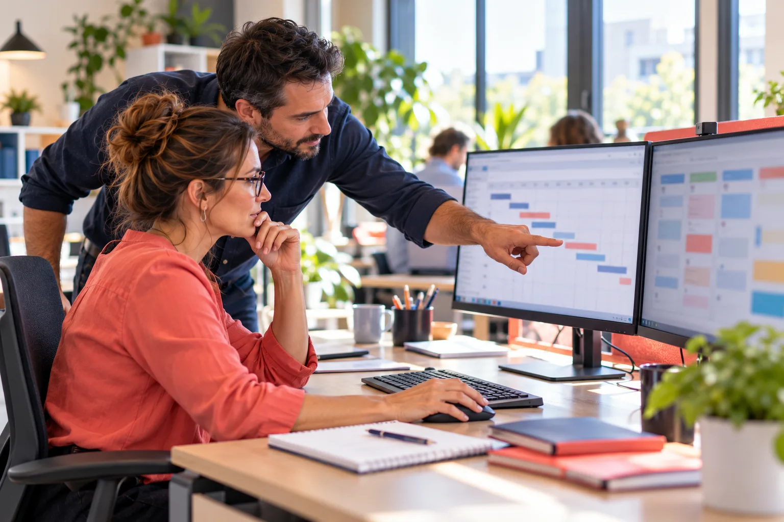 Formation outils de gestion de projet : une cheffe de projet met à jour un planning de type Gantt sur ordinateur