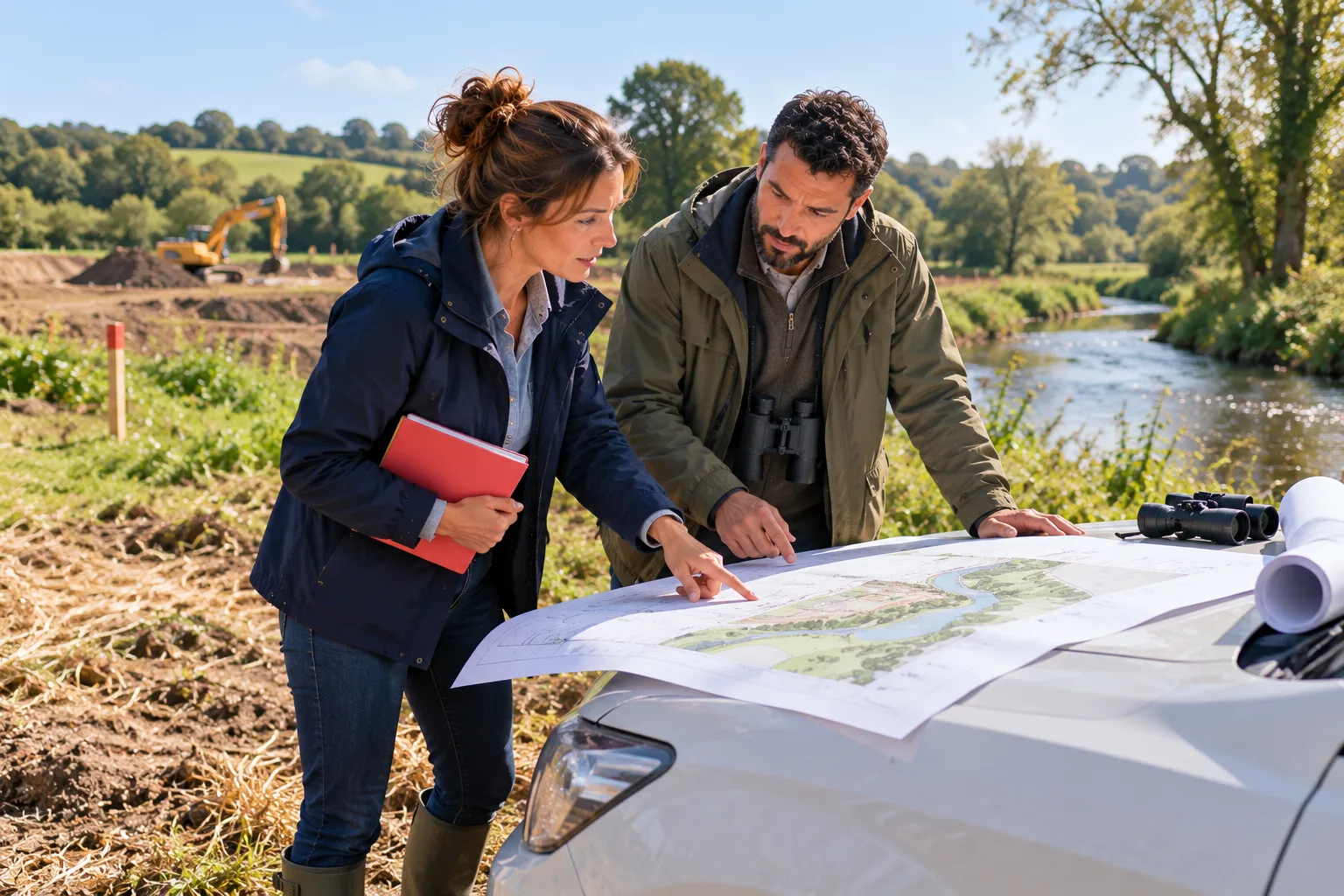 Formation droit de l'urbanisme et de l'environnement : une cheffe de projet et un écologue examinent un plan d'aménagement près d'une rivière
